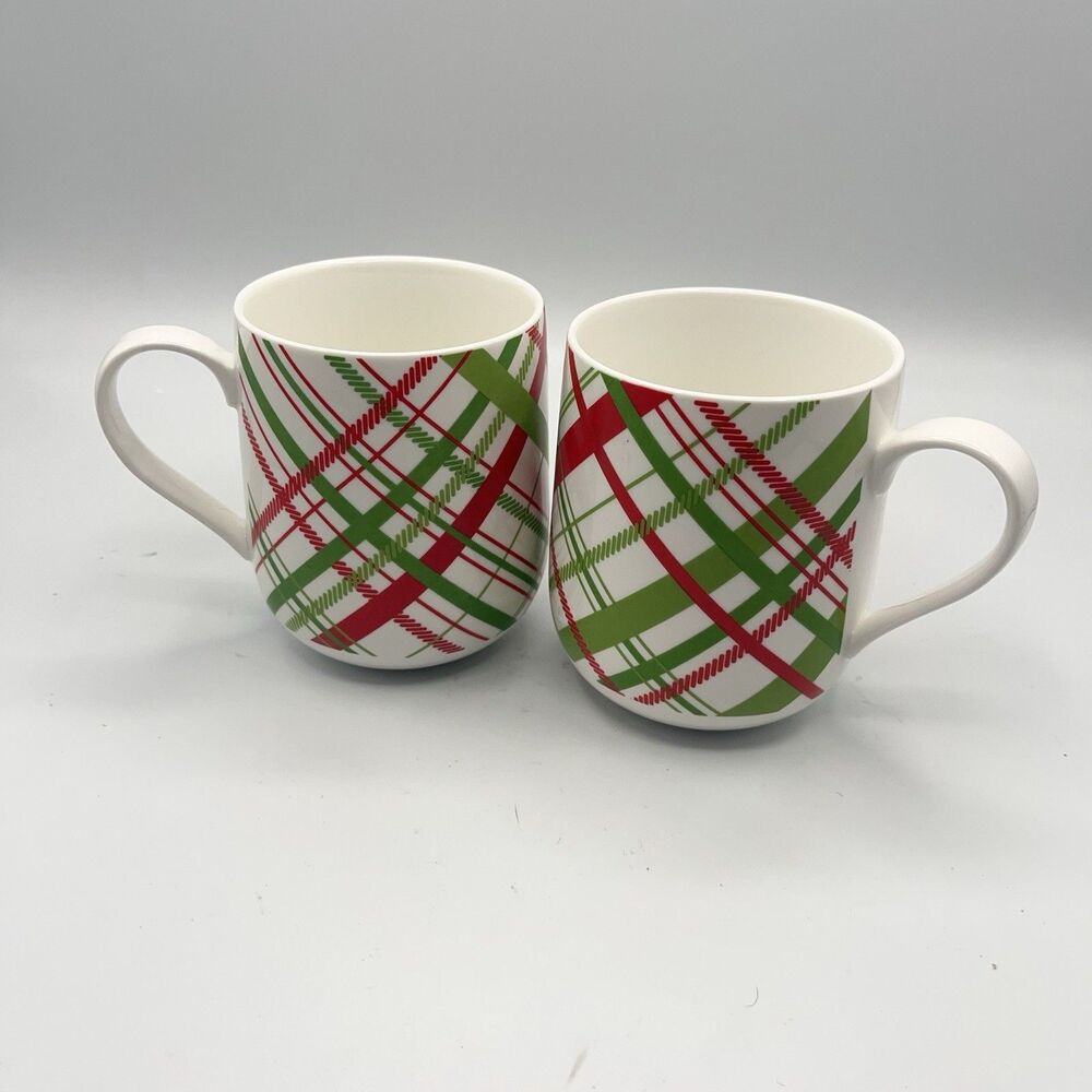 Crate & Barrel Red & Green Plaid Christmas Holiday Cups Mugs ~ Set of 2
